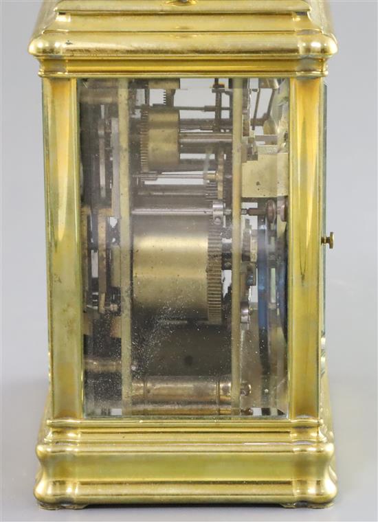 A late 19th century French ormolu quarter repeating carriage alarum clock, 6in.